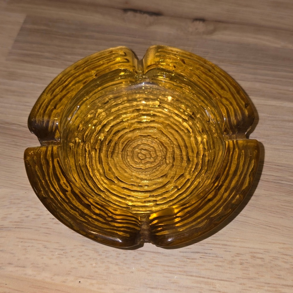 Vintage Anchor Hocking Soreno Amber Glass Ashtray 4.5" MCM Bark Tree Ring Tray